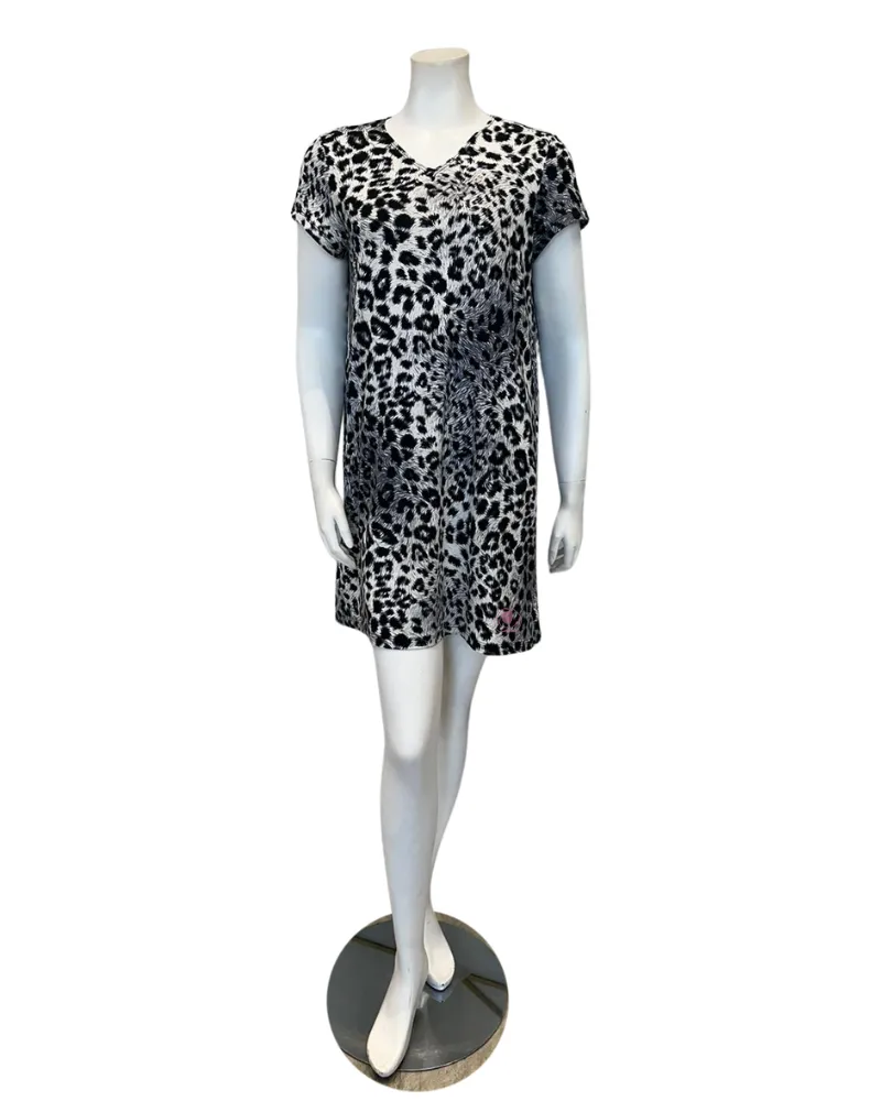 NTSHRT-LPD-GRY Grey Leopard V Neck Short Sleeves Modal Nightshirt