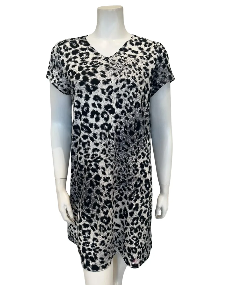 NTSHRT-LPD-GRY Grey Leopard V Neck Short Sleeves Modal Nightshirt