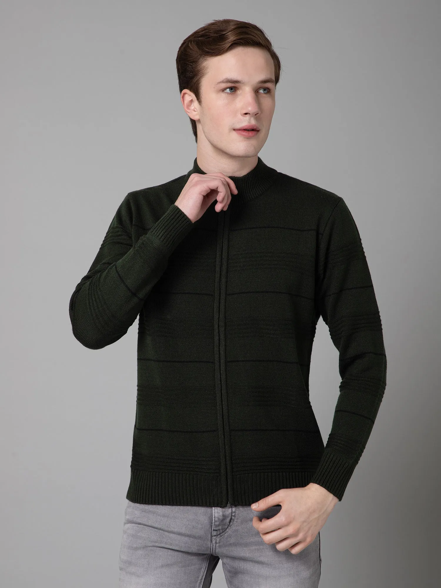 Olive Green Full Sleeve Mock Collar Regular Fit Casual Sweater for Men