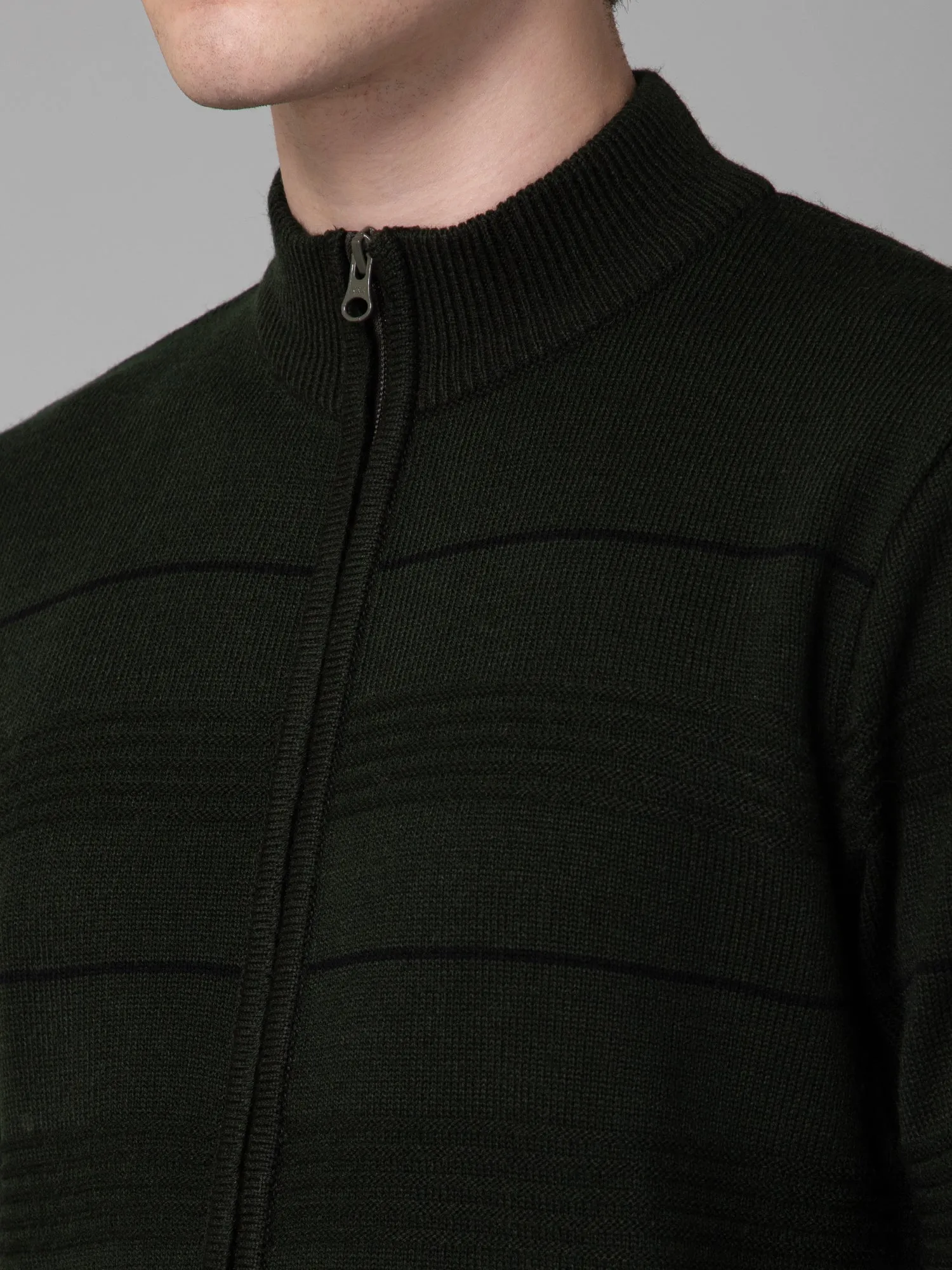 Olive Green Full Sleeve Mock Collar Regular Fit Casual Sweater for Men