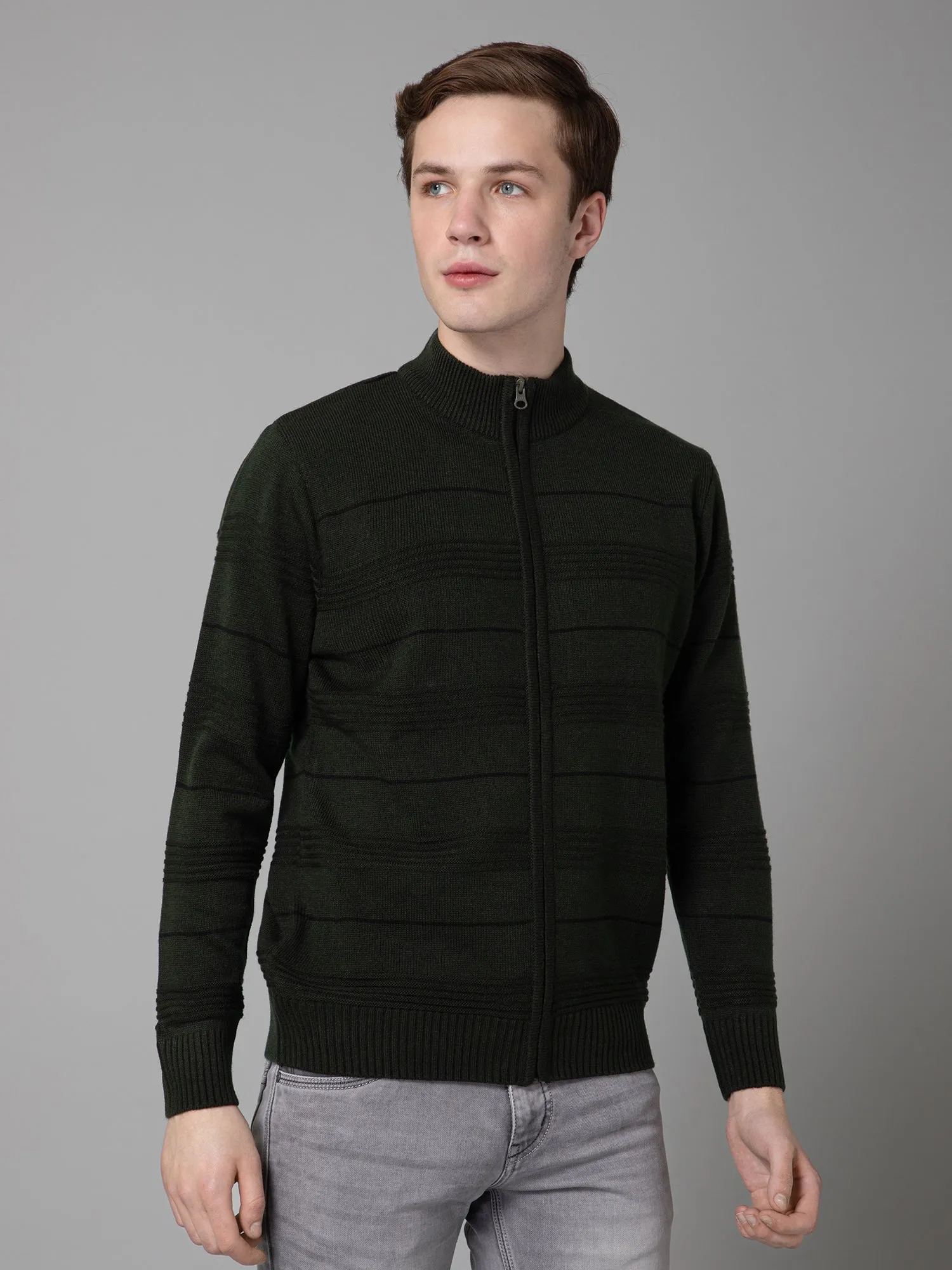 Olive Green Full Sleeve Mock Collar Regular Fit Casual Sweater for Men