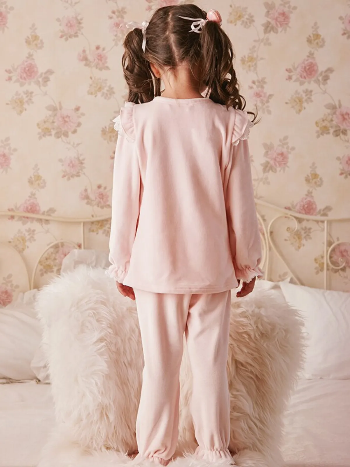 Ruffle-Tastic Bedtime Lace Bib Collar Pink Pajamas