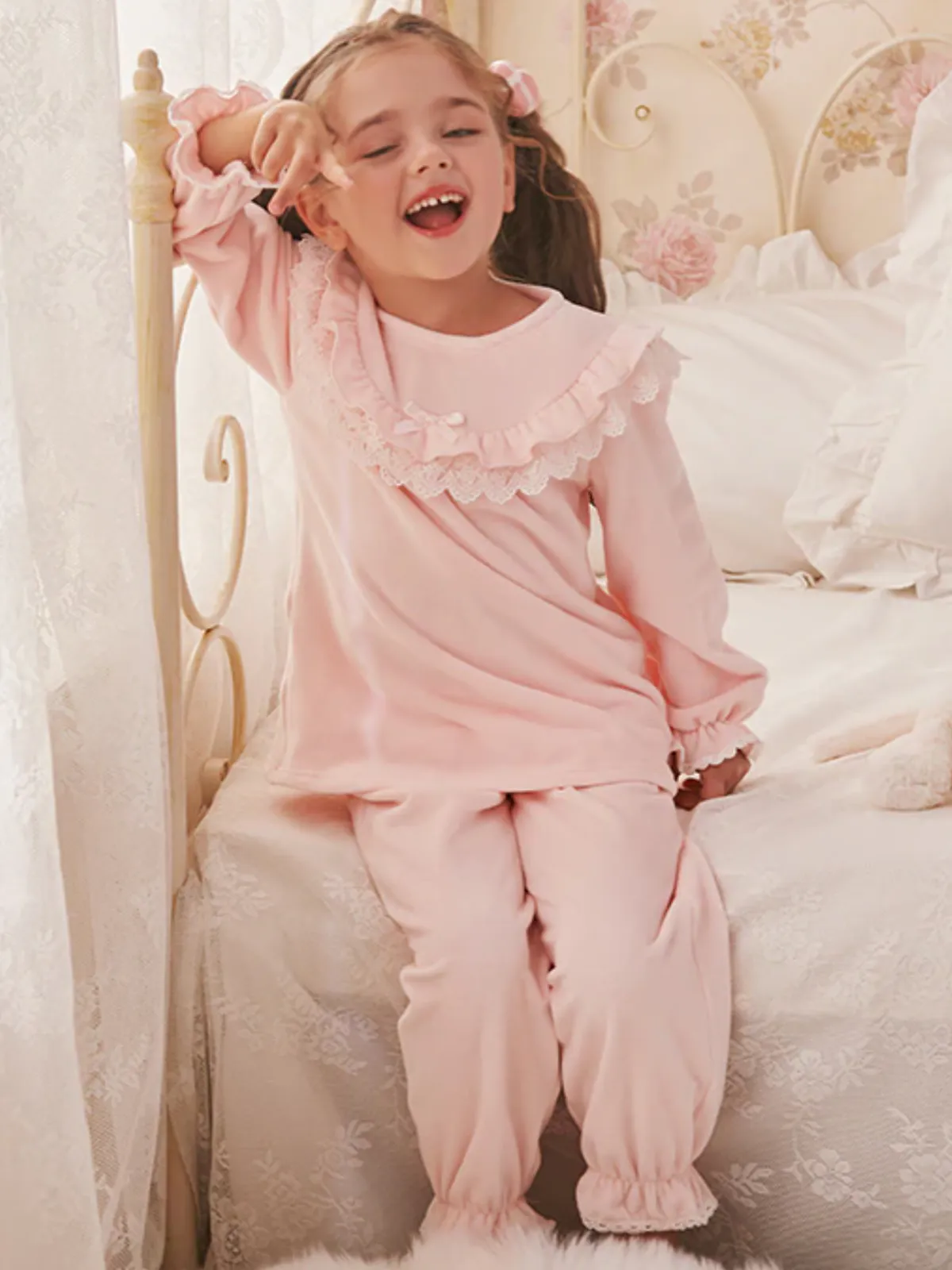 Ruffle-Tastic Bedtime Lace Bib Collar Pink Pajamas