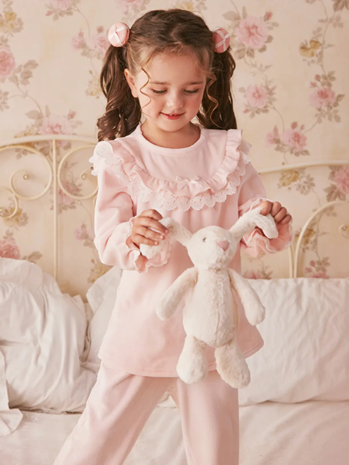 Ruffle-Tastic Bedtime Lace Bib Collar Pink Pajamas