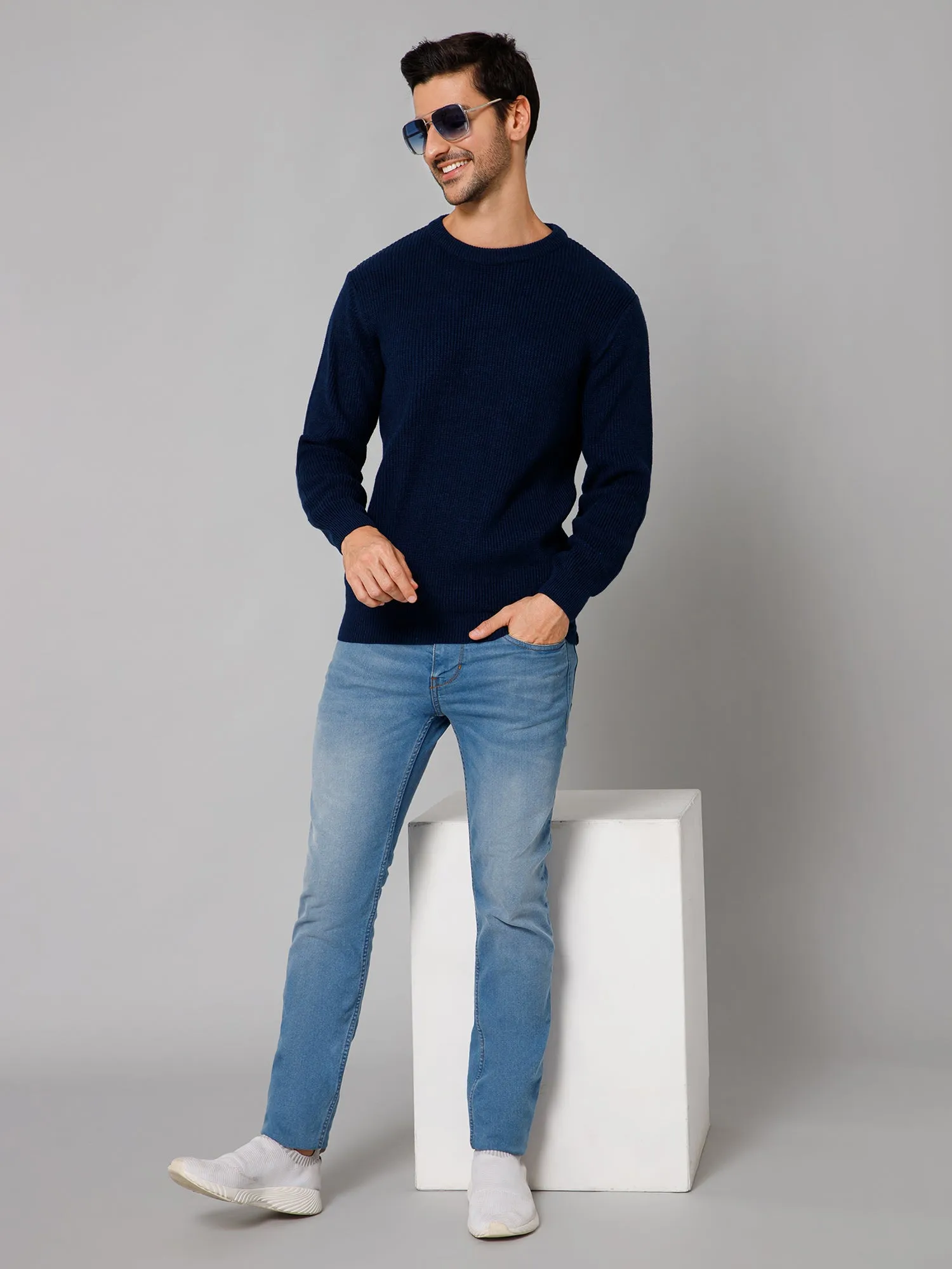 Self Design Blue Full Sleeves Round Neck Regular Fit Casual Sweater for Men