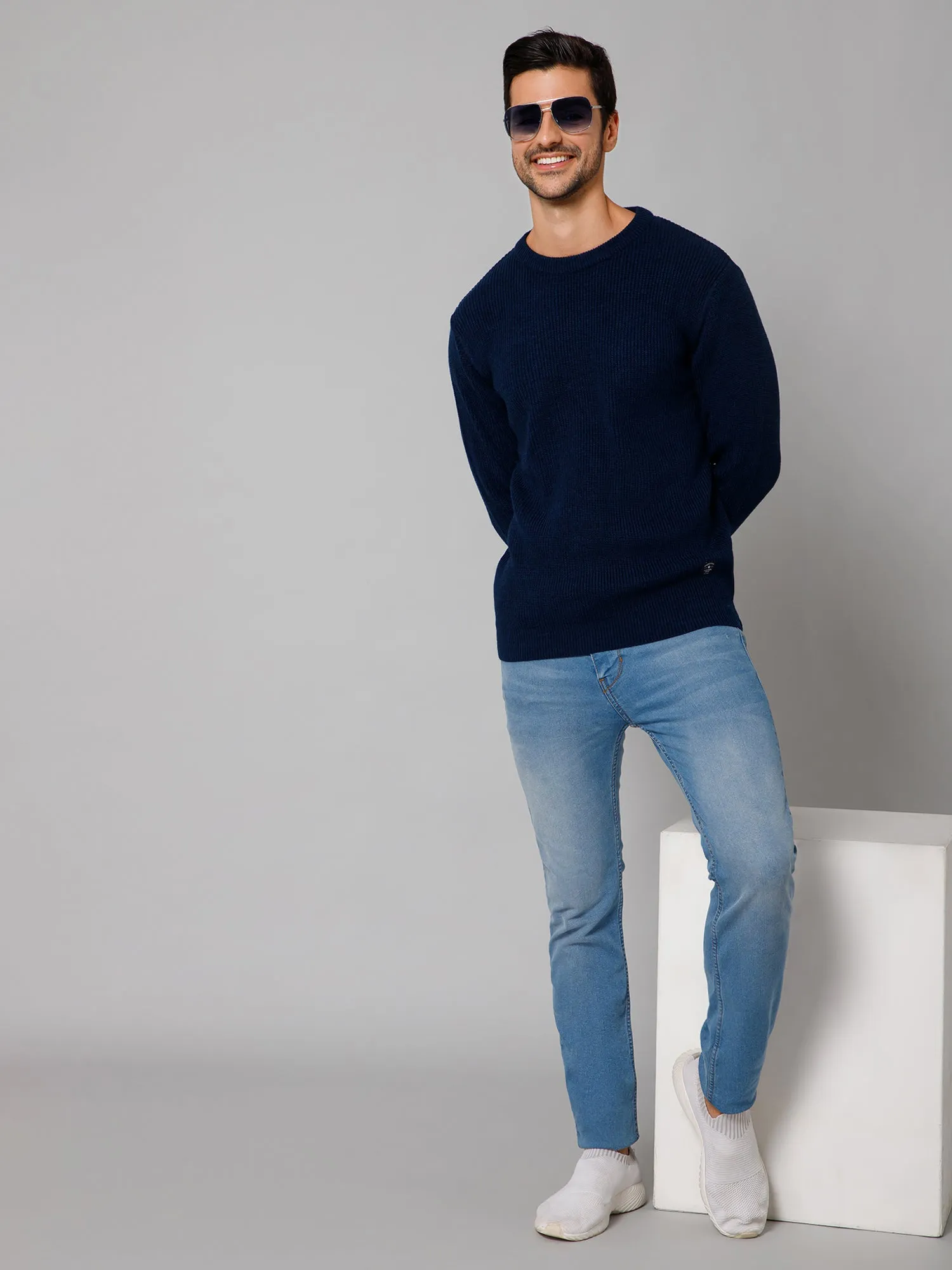 Self Design Blue Full Sleeves Round Neck Regular Fit Casual Sweater for Men