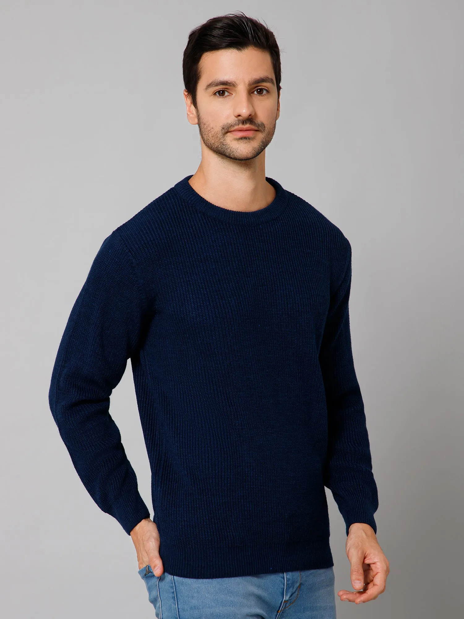 Self Design Blue Full Sleeves Round Neck Regular Fit Casual Sweater for Men