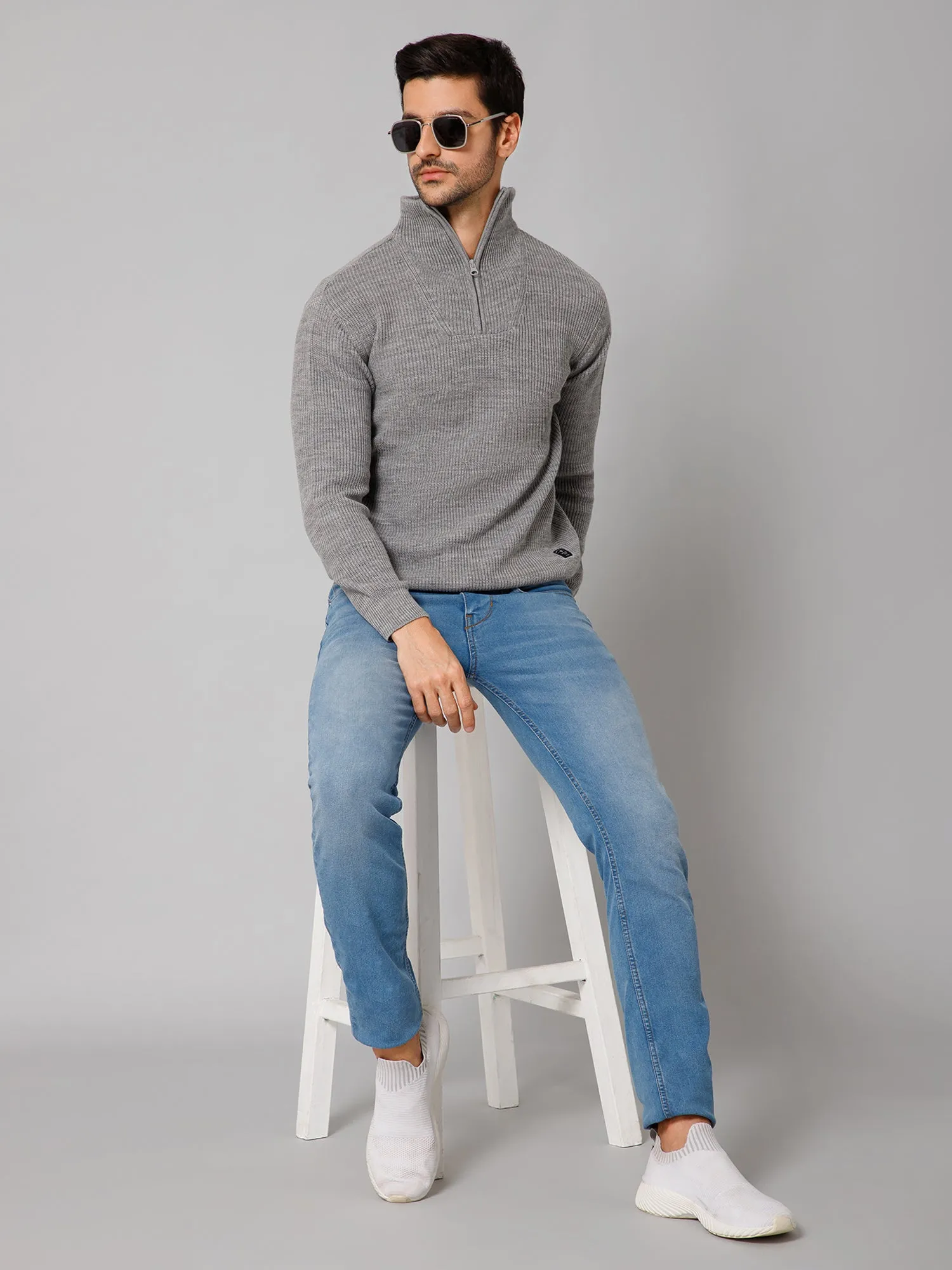 Self Design Grey Full Sleeves High Neck Regular Fit Casual Sweater for Men