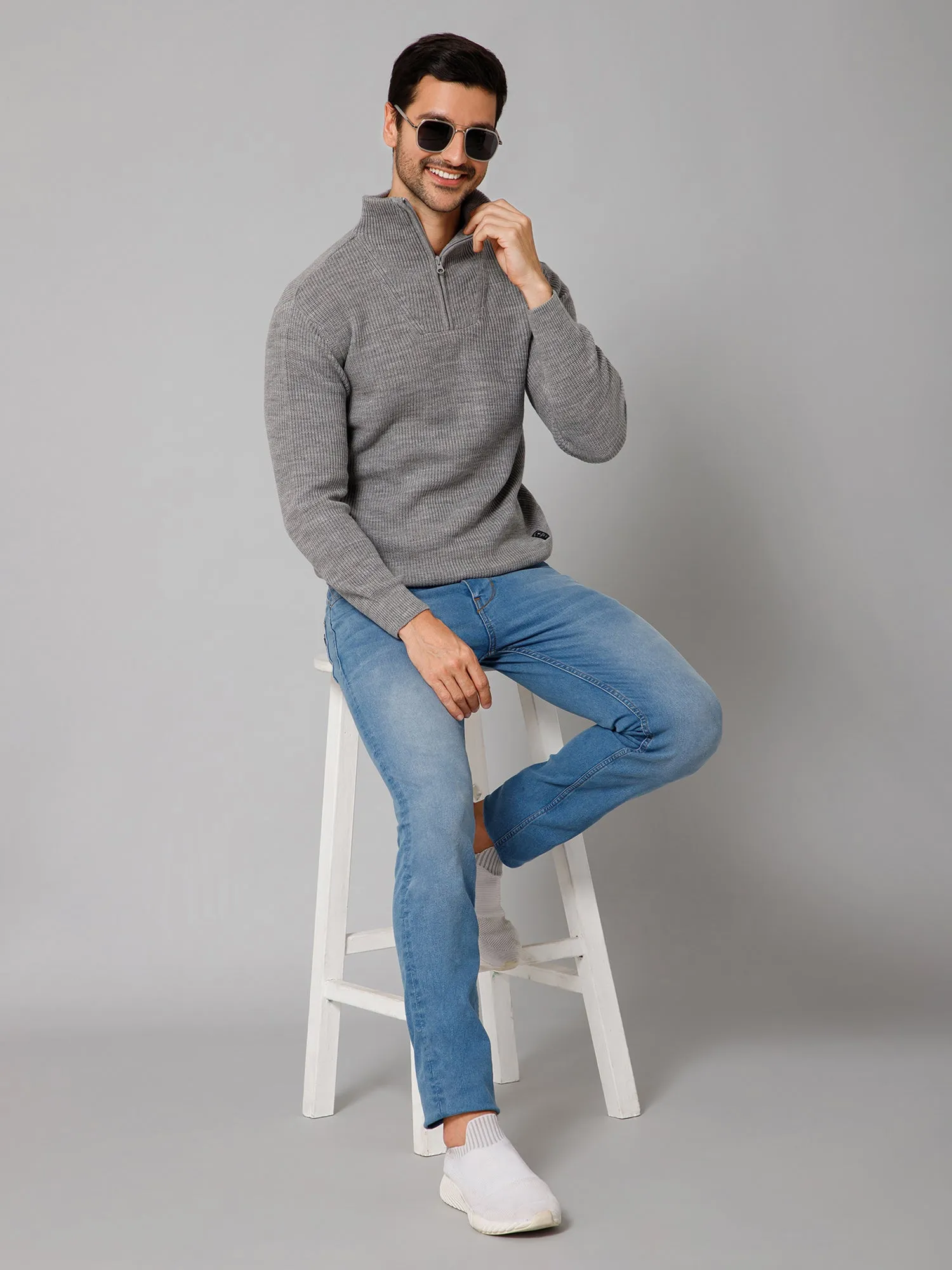 Self Design Grey Full Sleeves High Neck Regular Fit Casual Sweater for Men