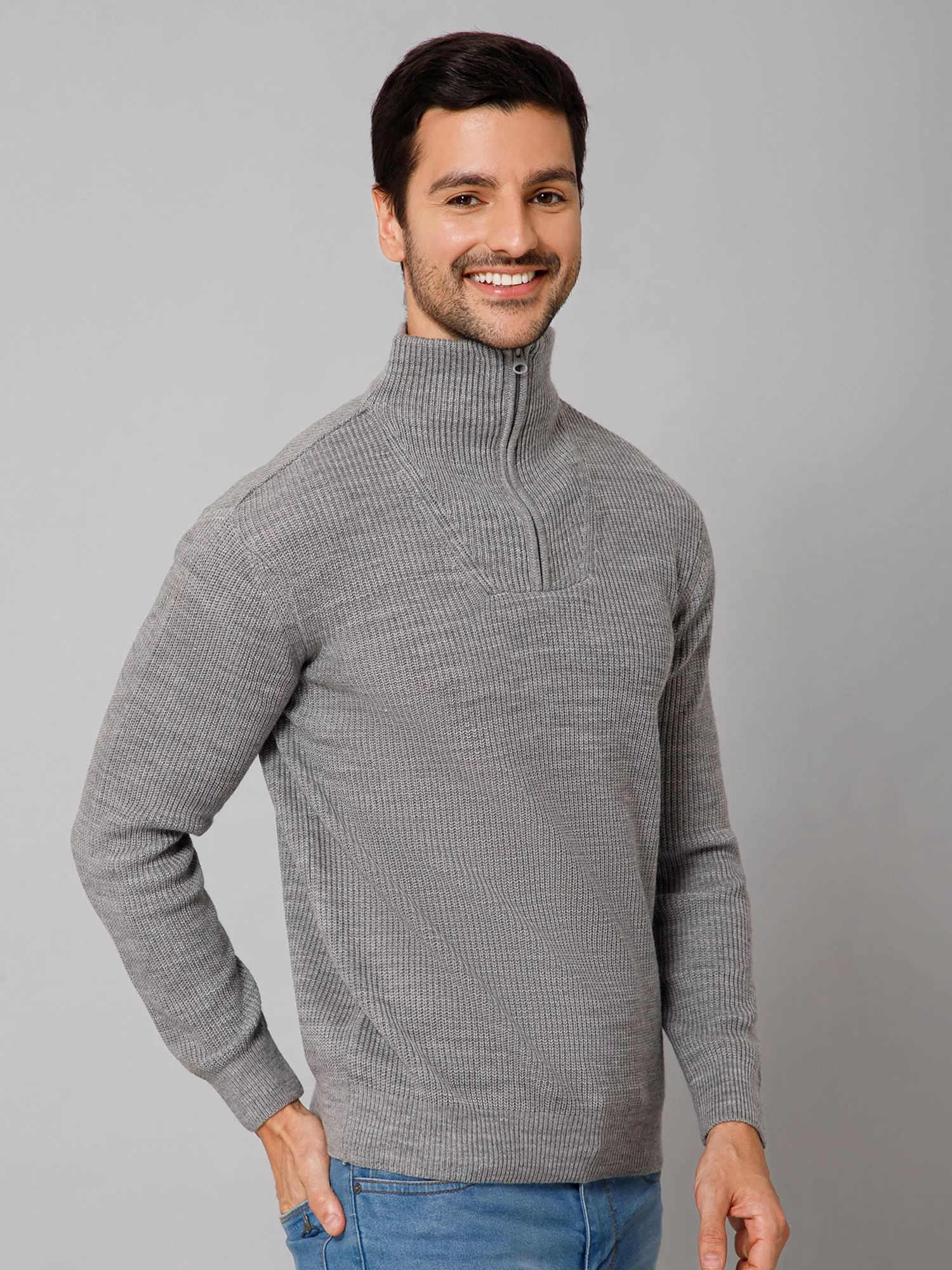 Self Design Grey Full Sleeves High Neck Regular Fit Casual Sweater for Men