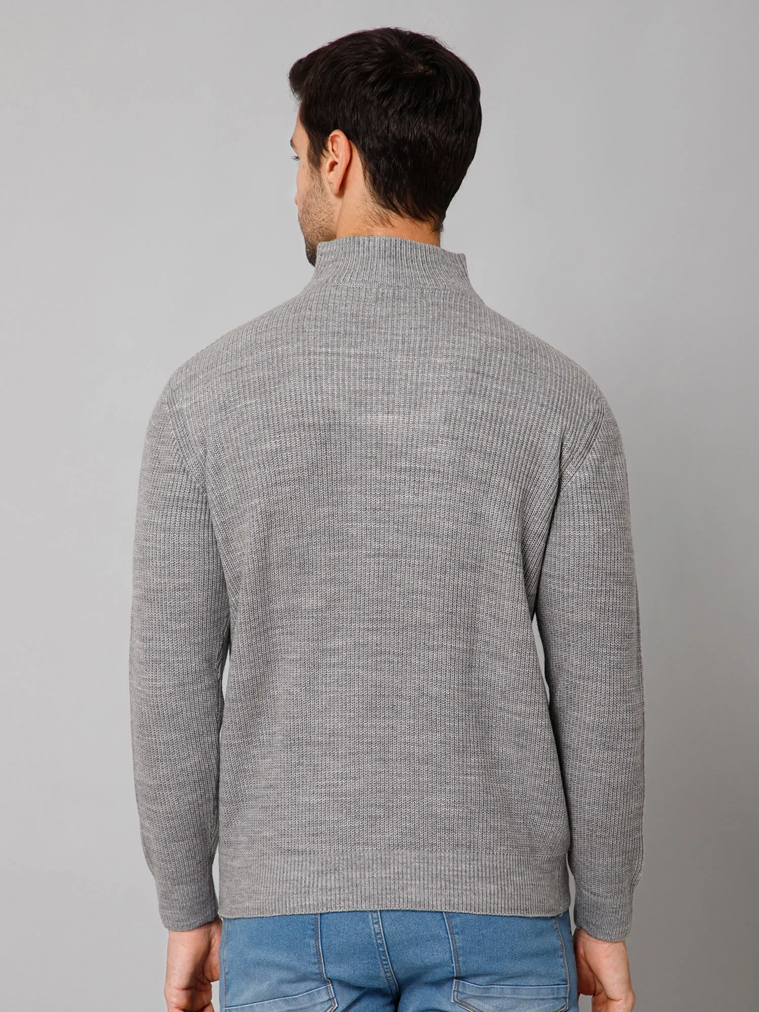 Self Design Grey Full Sleeves High Neck Regular Fit Casual Sweater for Men