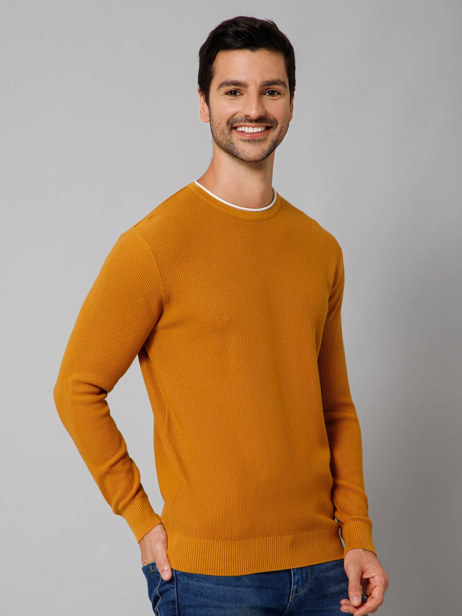 Self Design Mustard Full Sleeves Round Neck Regular Fit Casual Sweater for Men