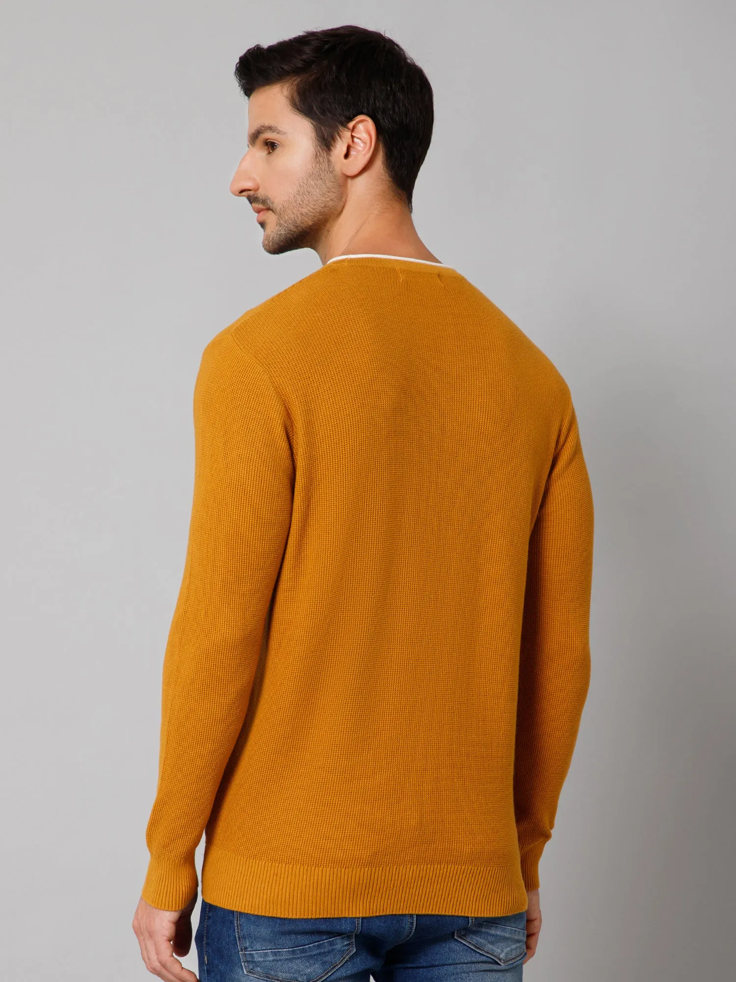 Self Design Mustard Full Sleeves Round Neck Regular Fit Casual Sweater for Men