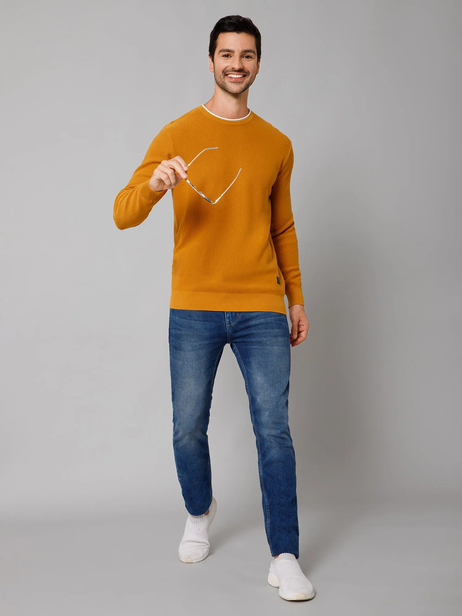 Self Design Mustard Full Sleeves Round Neck Regular Fit Casual Sweater for Men