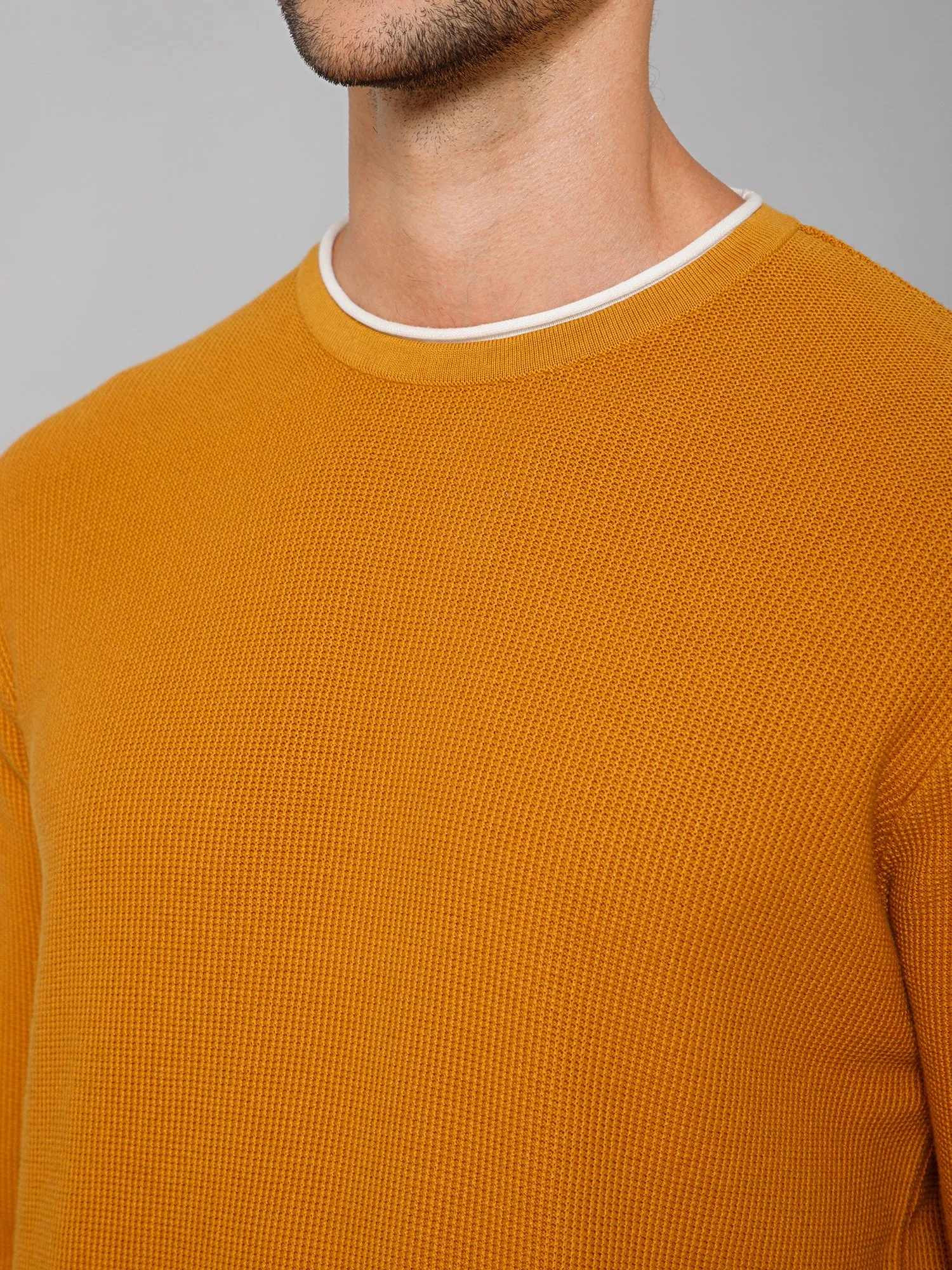 Self Design Mustard Full Sleeves Round Neck Regular Fit Casual Sweater for Men