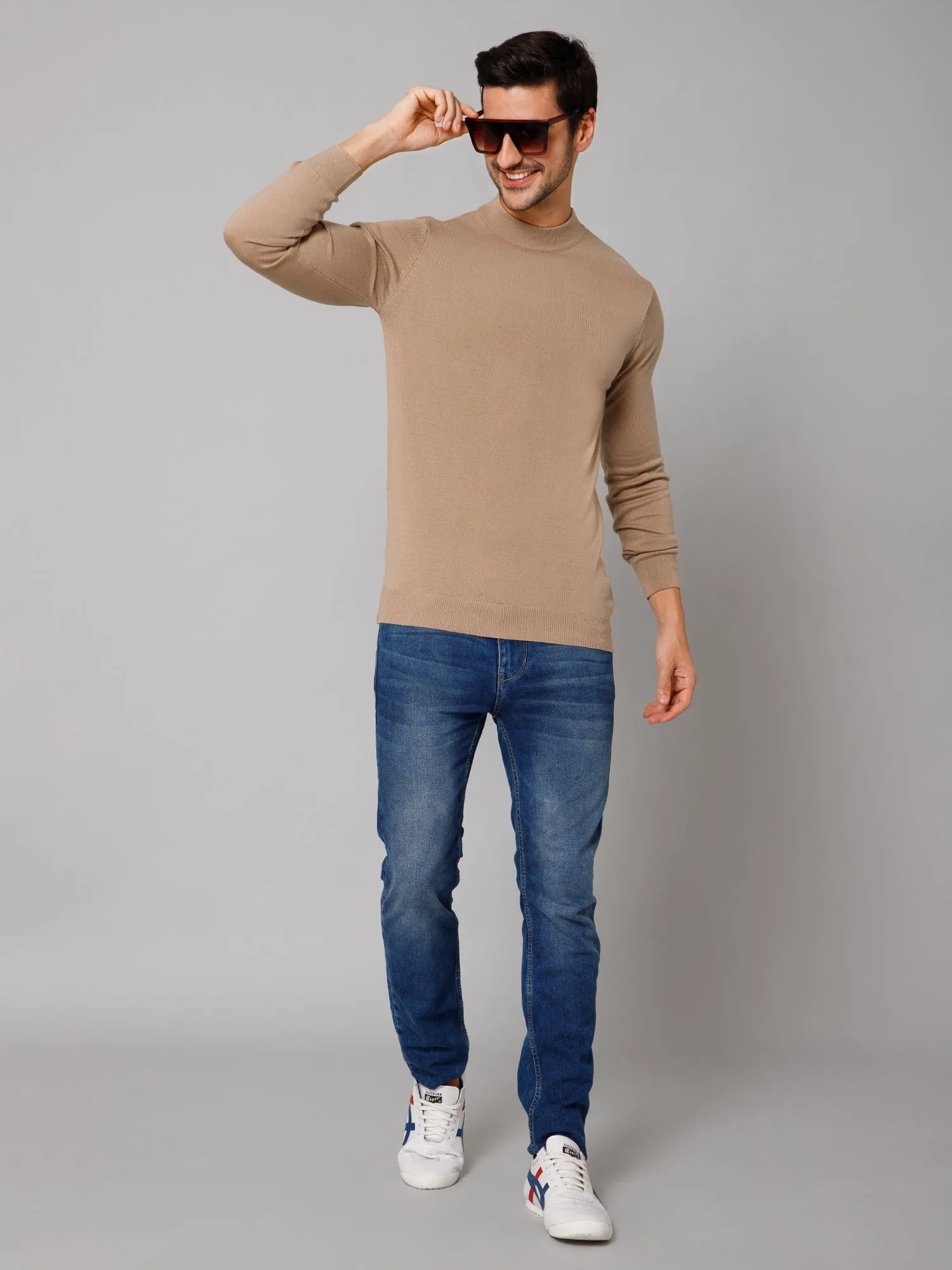 Solid Beige Full Sleeves Round Neck Regular Fit Casual Sweater for Men