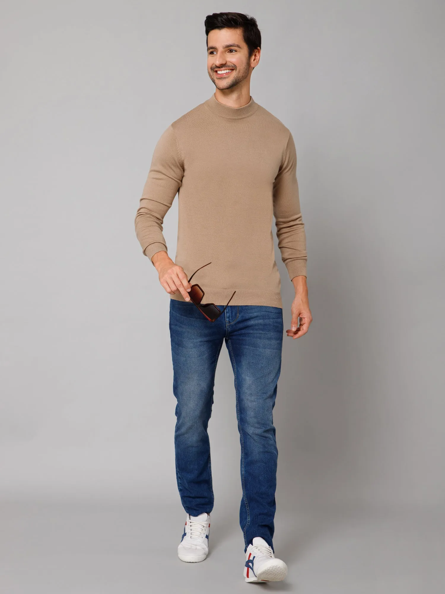 Solid Beige Full Sleeves Round Neck Regular Fit Casual Sweater for Men