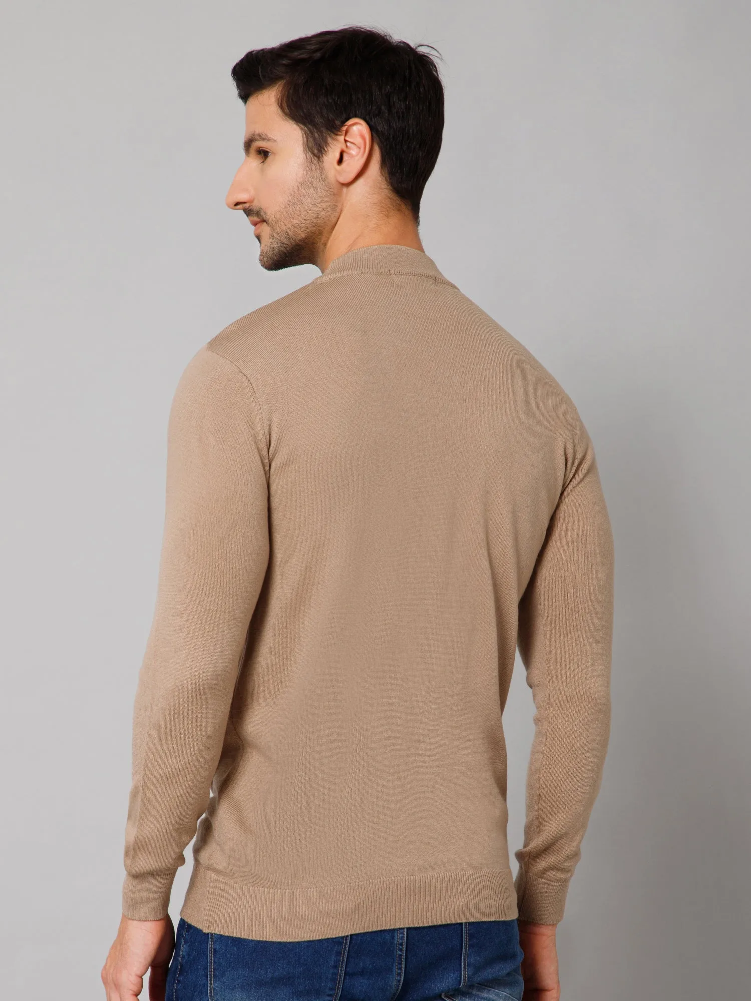 Solid Beige Full Sleeves Round Neck Regular Fit Casual Sweater for Men