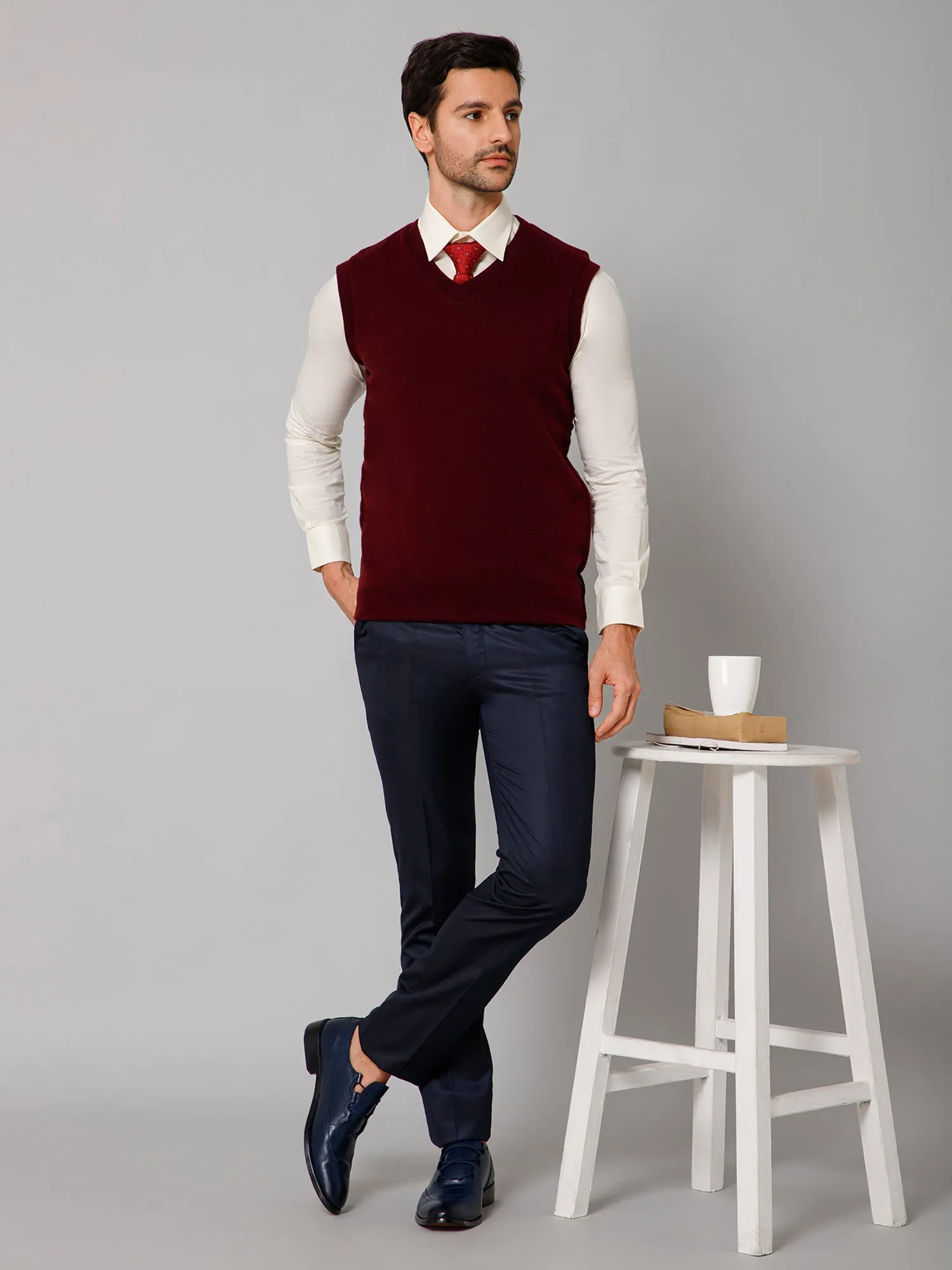 Solid Maroon Sleeveless V Neck Reversible Regular Fit Casual Sweater for Men