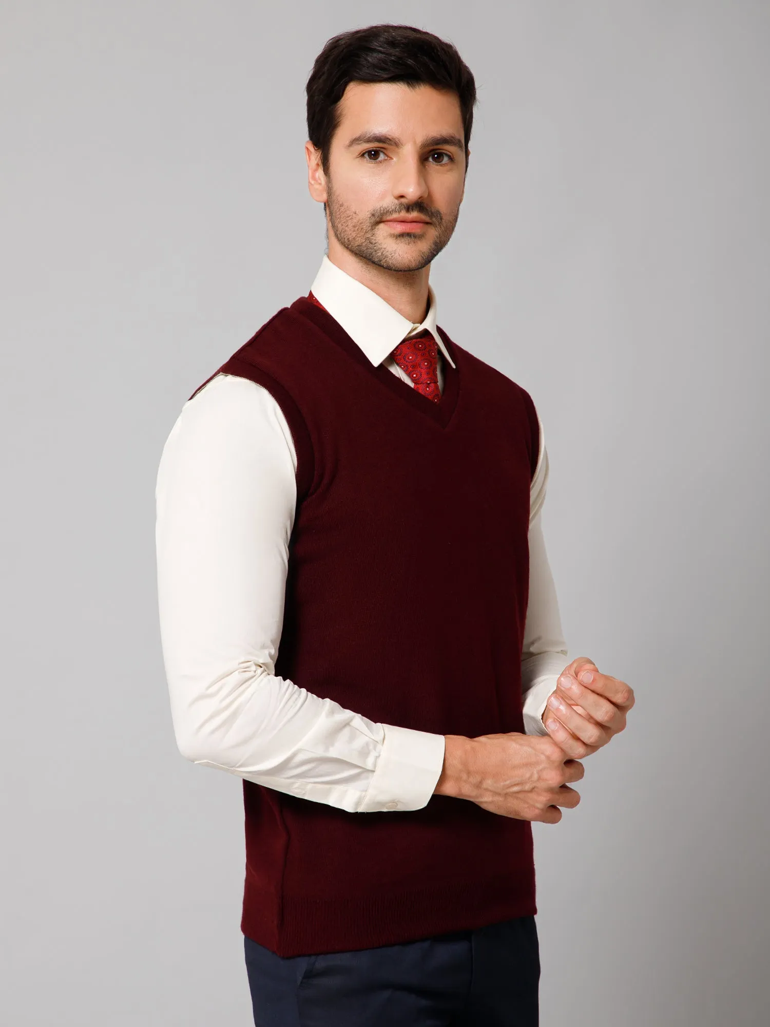 Solid Maroon Sleeveless V Neck Reversible Regular Fit Casual Sweater for Men