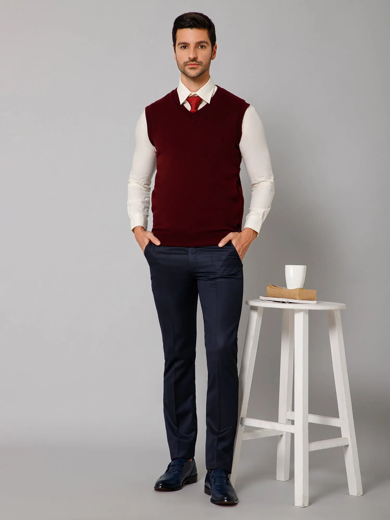 Solid Maroon Sleeveless V Neck Reversible Regular Fit Casual Sweater for Men