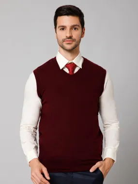 Solid Maroon Sleeveless V Neck Reversible Regular Fit Casual Sweater for Men