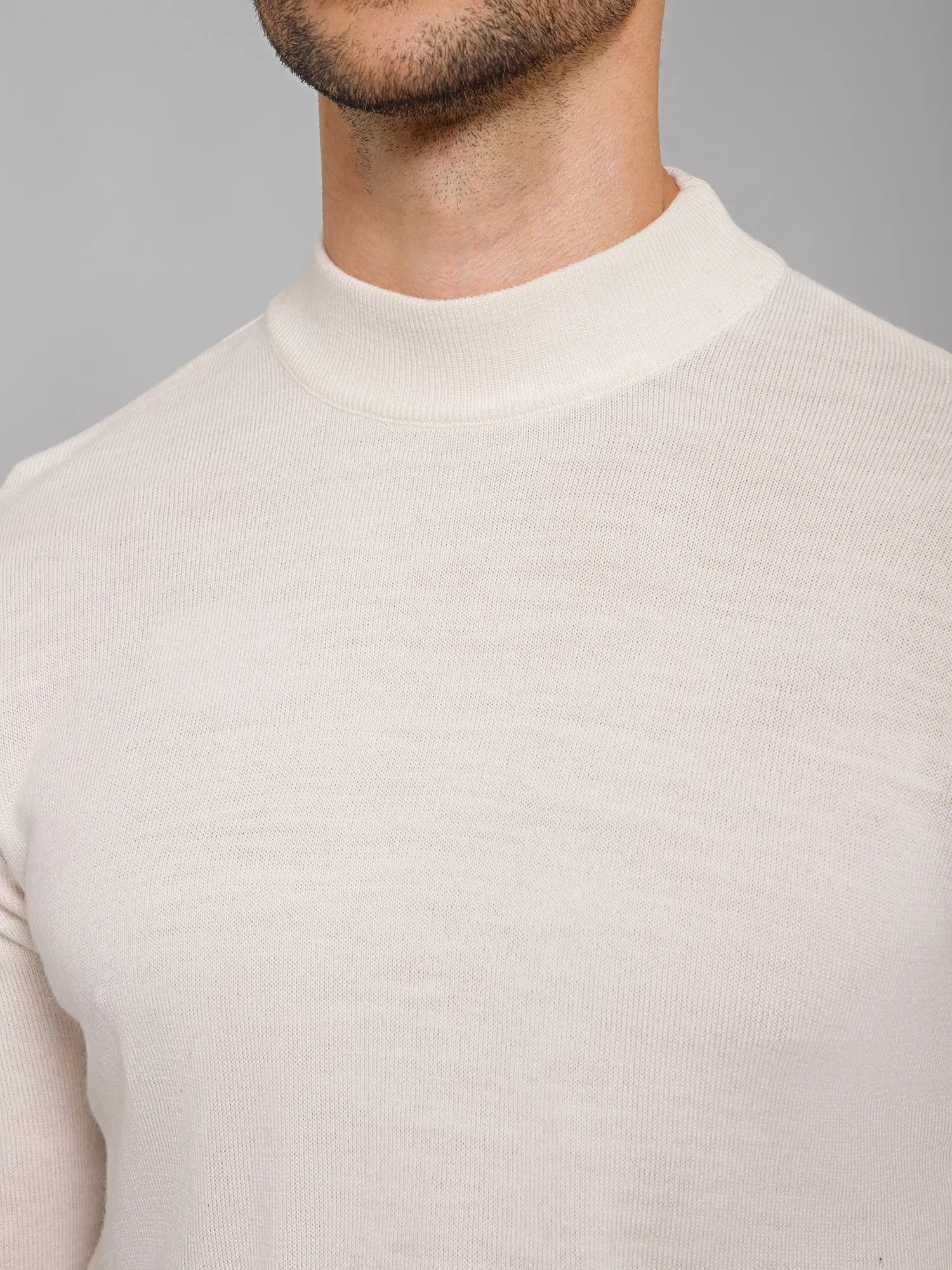 Solid Off White Full Sleeves Round Neck Regular Fit Casual Sweater for Men