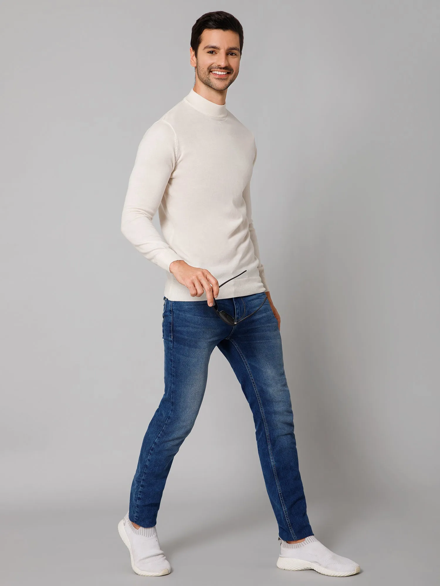 Solid Off White Full Sleeves Round Neck Regular Fit Casual Sweater for Men