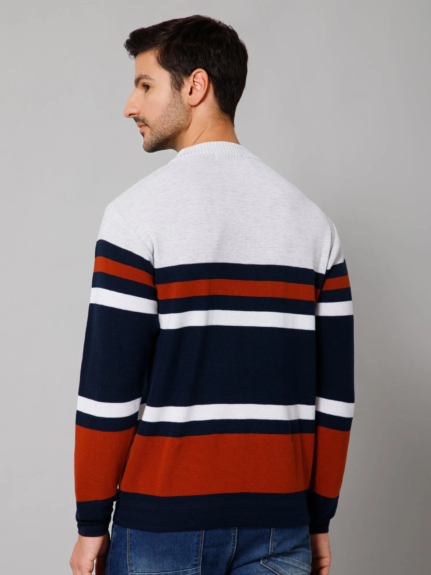 Stripe Rust Full Sleeves Round Neck Regular Fit Casual Sweater for Men