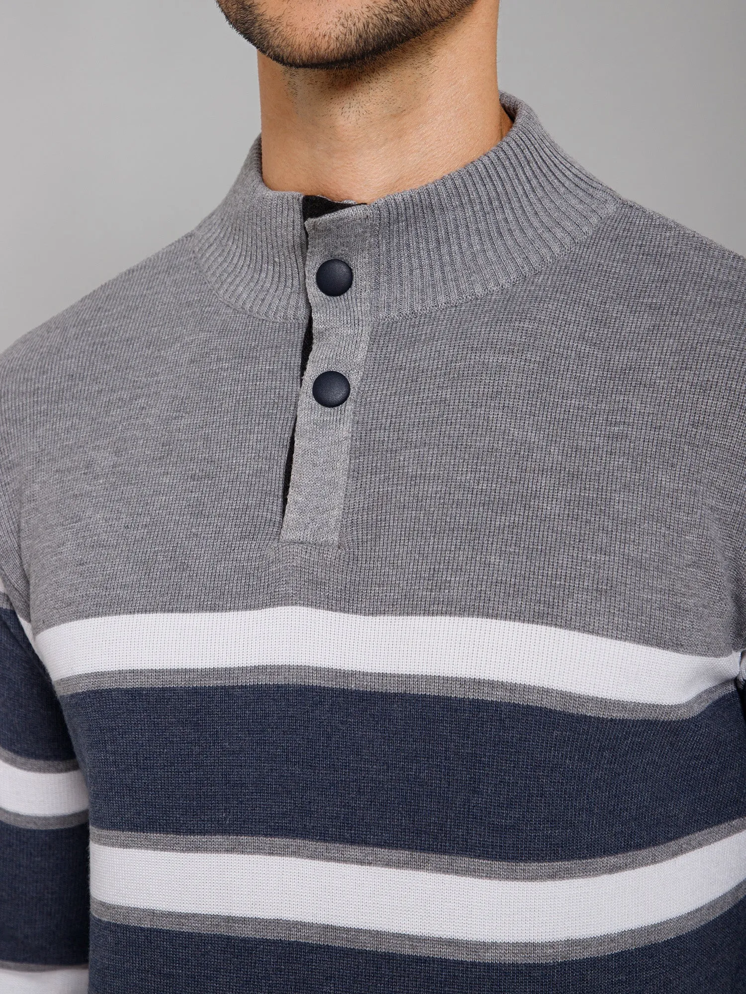 Striped Grey Full Sleeves Band Collar Regular Fit Casual Sweater for Men