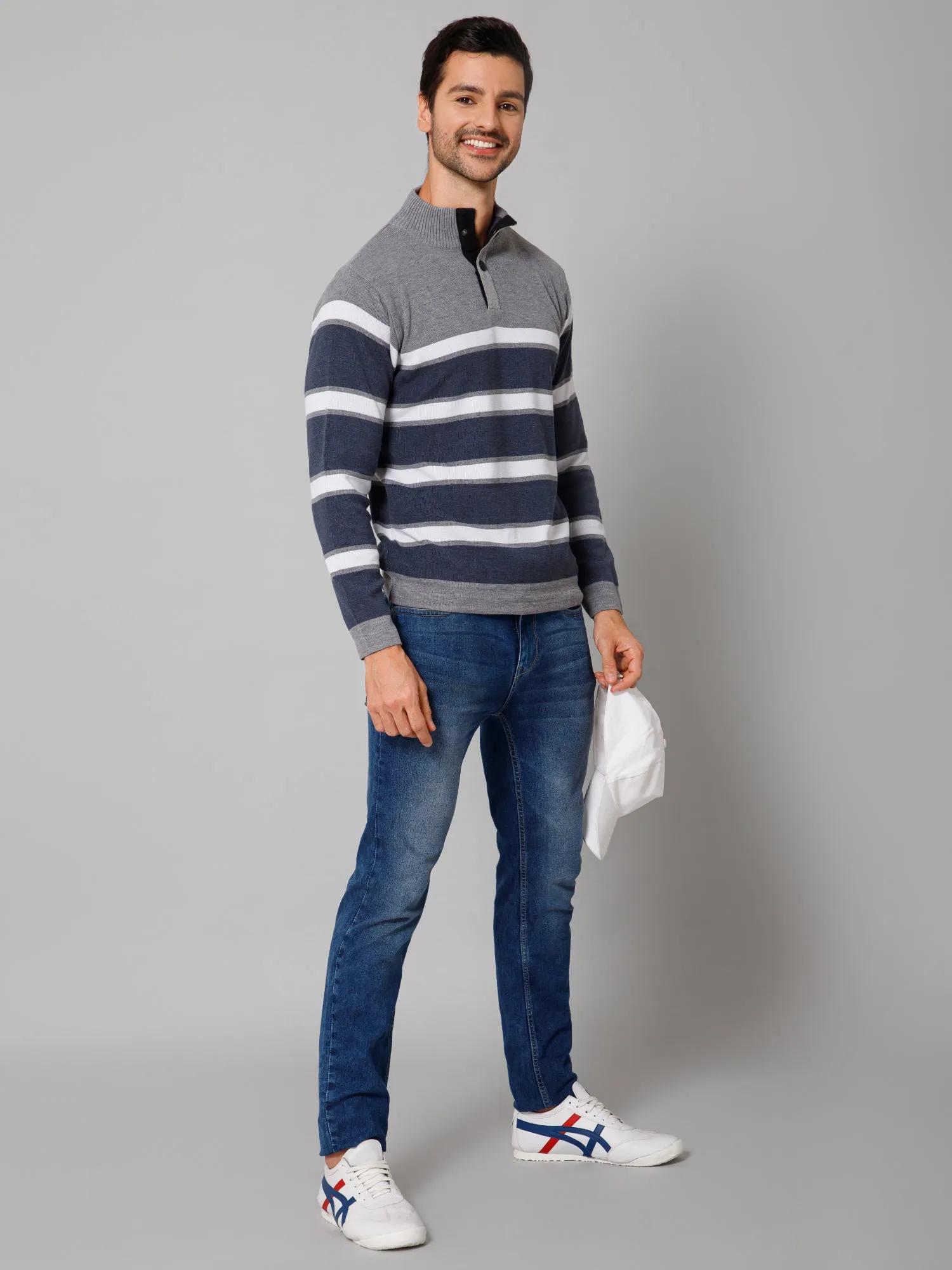 Striped Grey Full Sleeves Band Collar Regular Fit Casual Sweater for Men