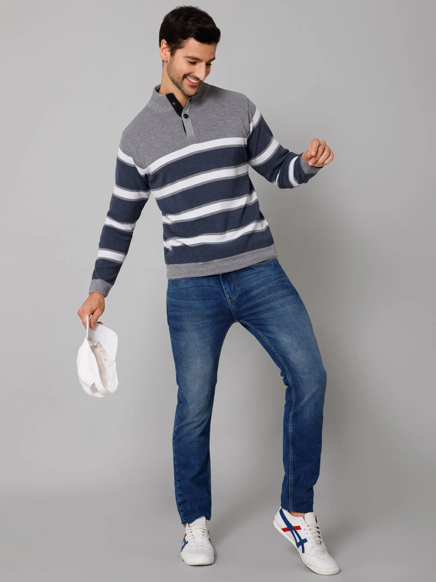 Striped Grey Full Sleeves Band Collar Regular Fit Casual Sweater for Men