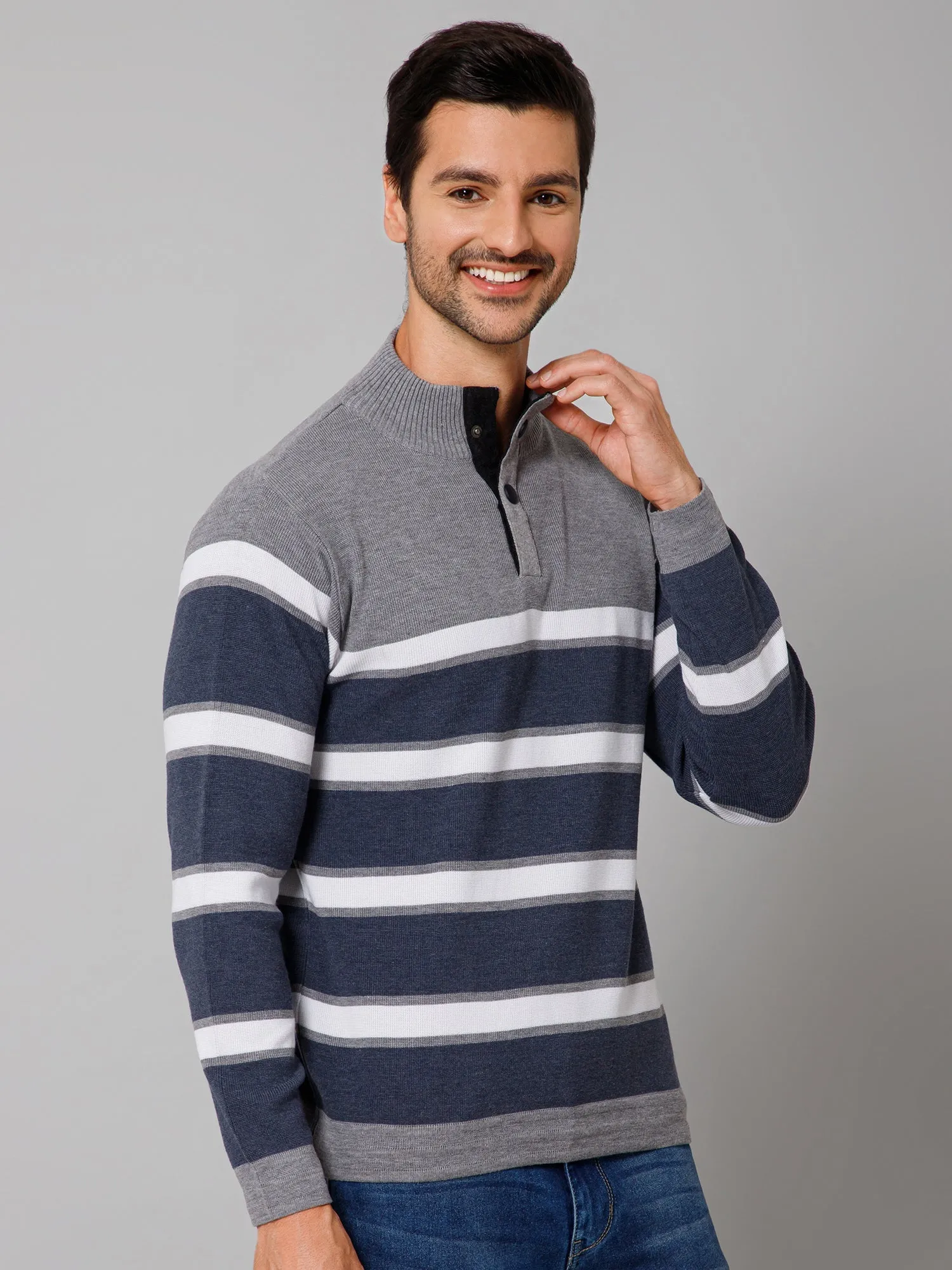 Striped Grey Full Sleeves Band Collar Regular Fit Casual Sweater for Men