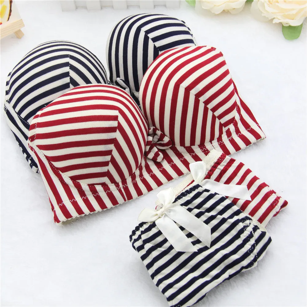 Summer young girl stripe deep-v Bra set Women bowknot underwear bra brief sets lingerie set underclothes sexy lingerie