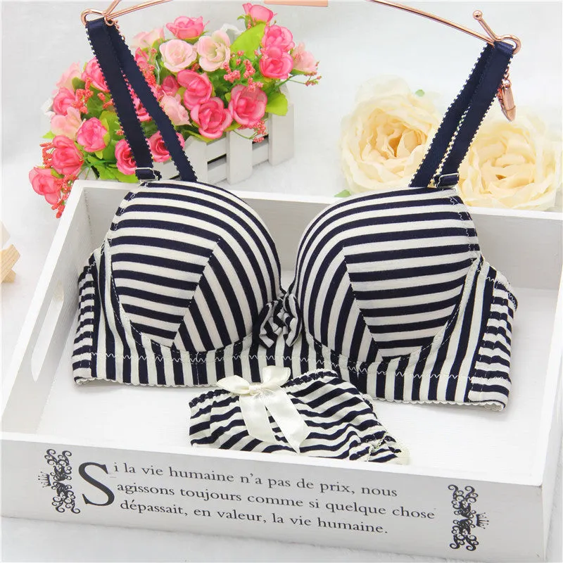 Summer young girl stripe deep-v Bra set Women bowknot underwear bra brief sets lingerie set underclothes sexy lingerie