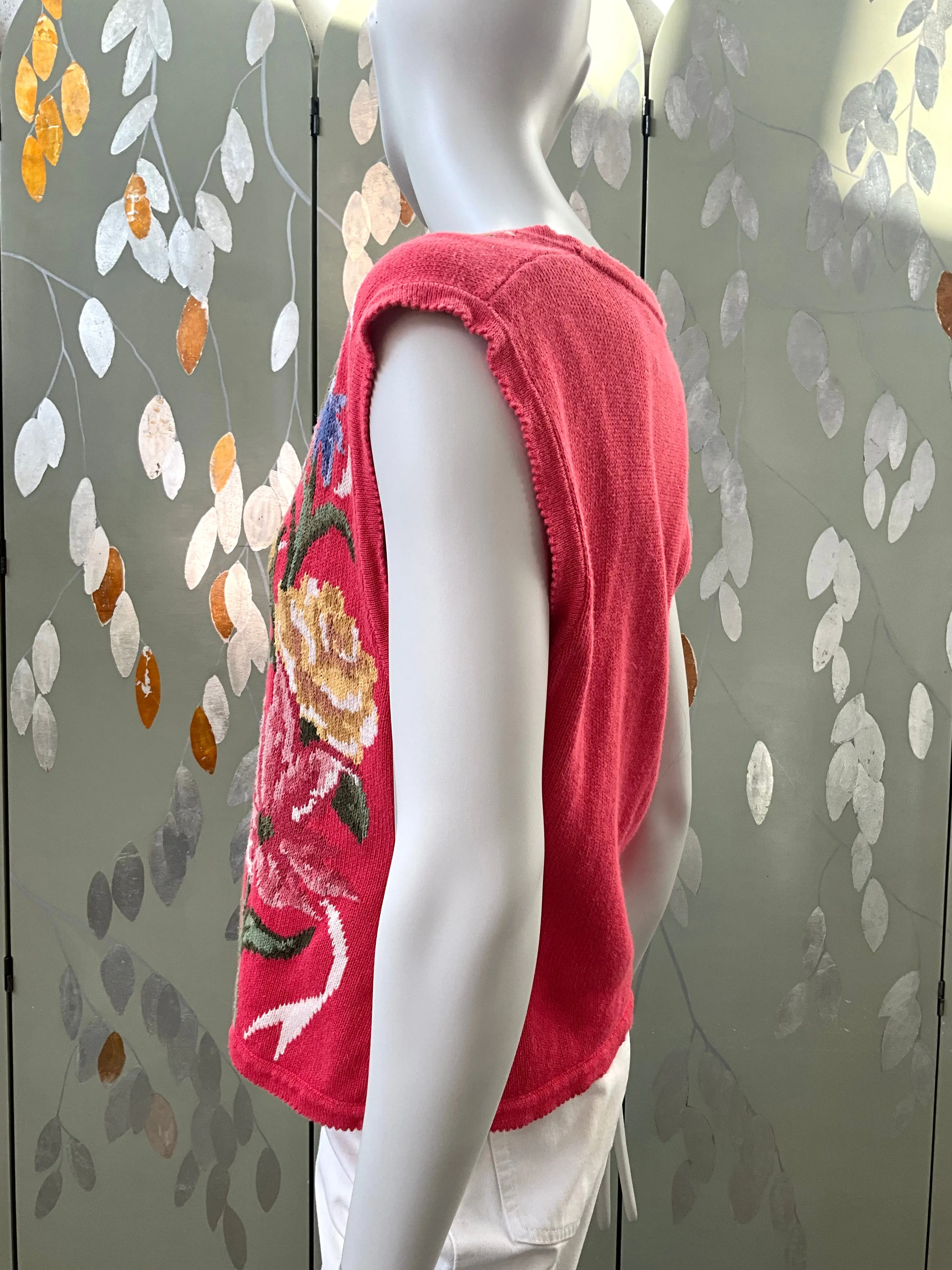 Vintage 1990s Pink Floral Sweater Vest, Susan Bristol, Medium