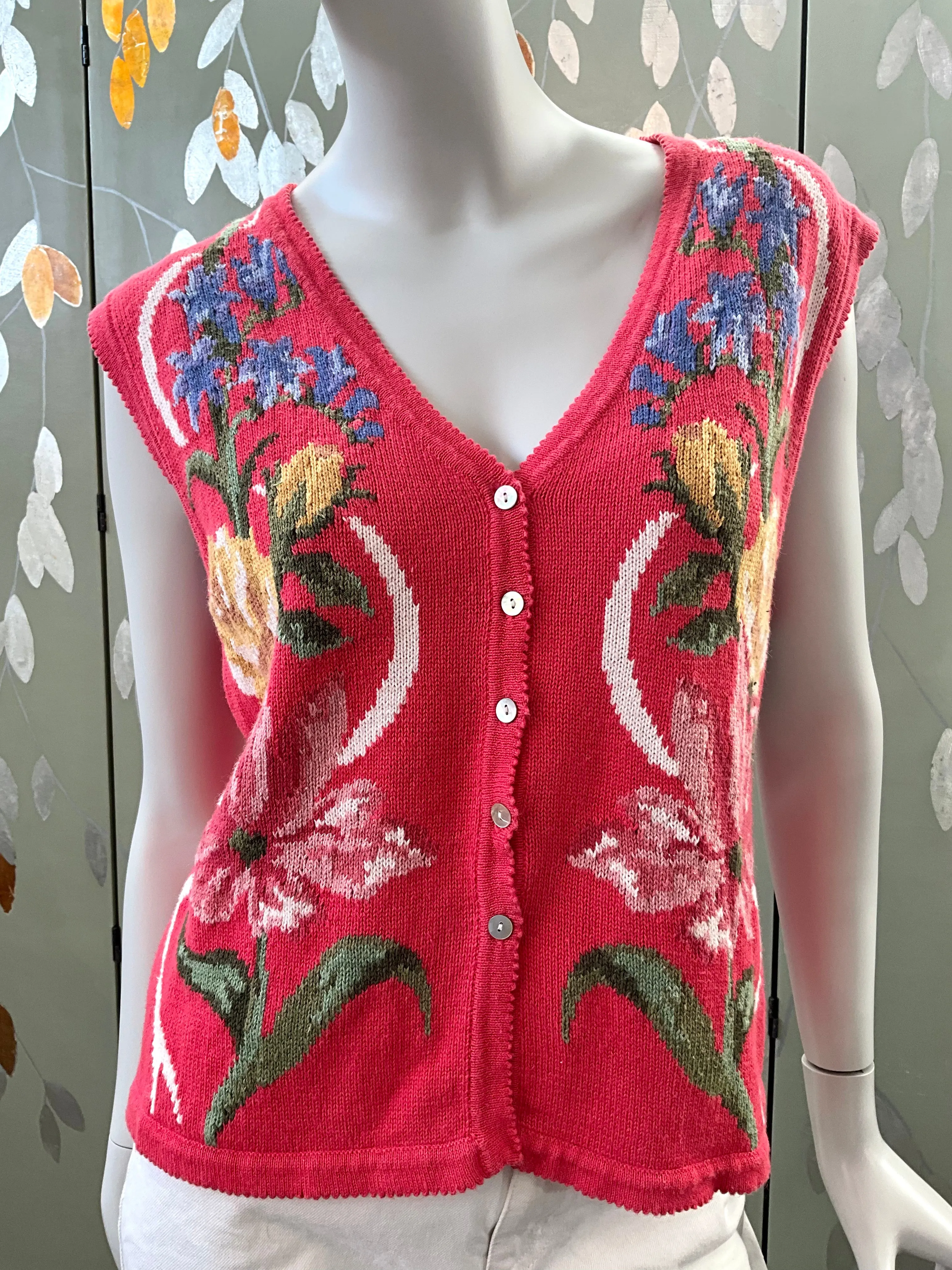 Vintage 1990s Pink Floral Sweater Vest, Susan Bristol, Medium