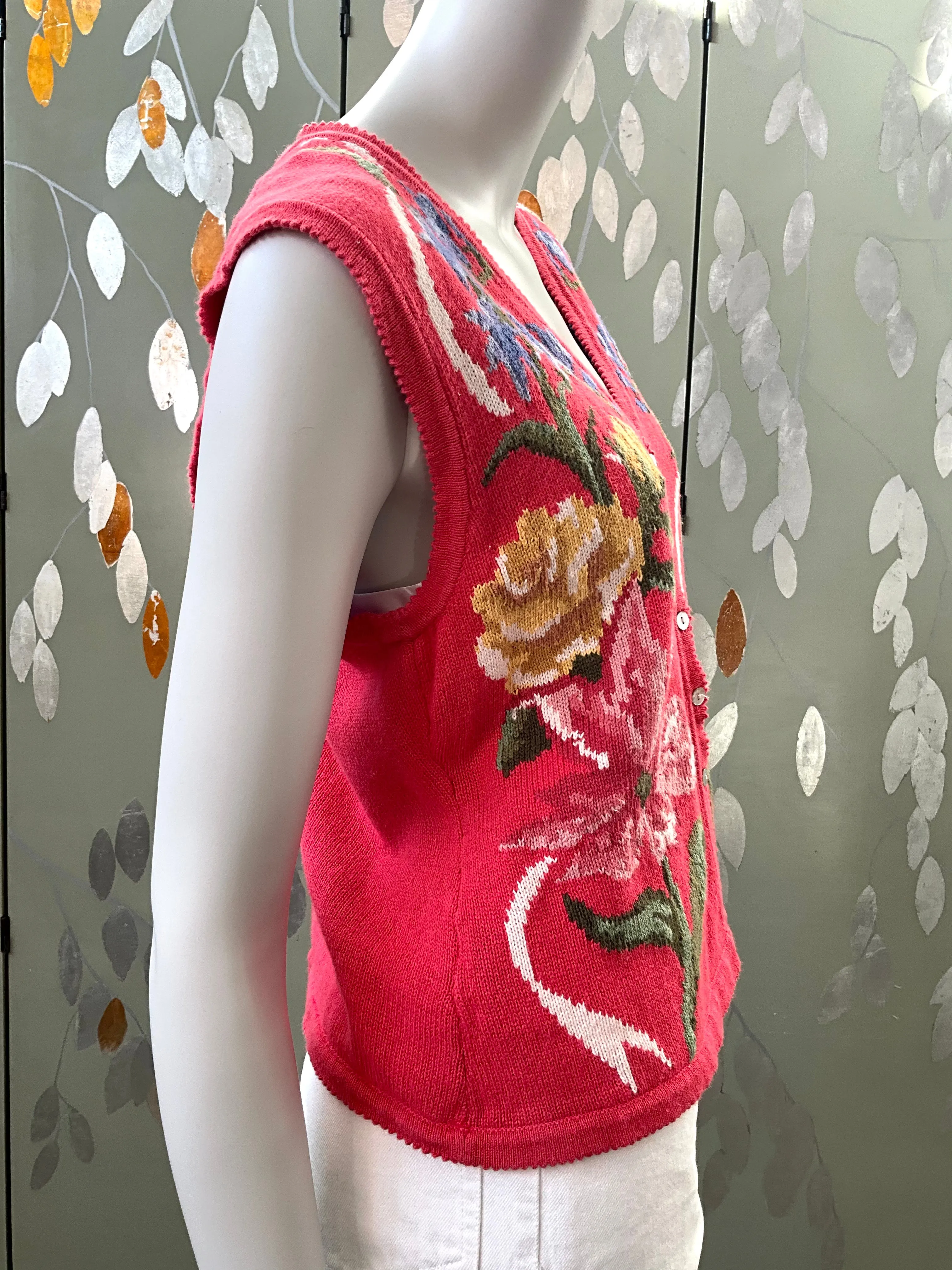 Vintage 1990s Pink Floral Sweater Vest, Susan Bristol, Medium