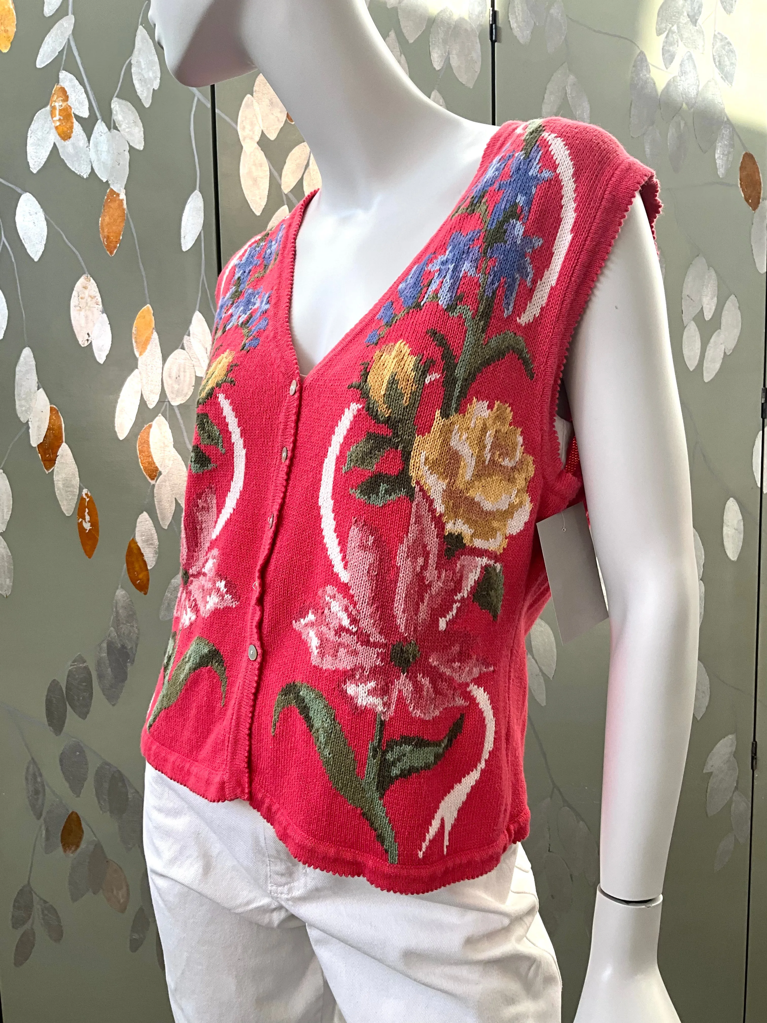 Vintage 1990s Pink Floral Sweater Vest, Susan Bristol, Medium