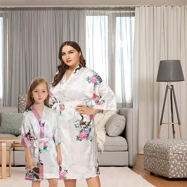 White Mommy and Me Robes, Floral, Satin Feel