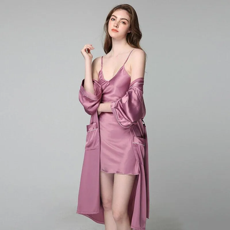 Women Long 100% Silk Nightgown and Robes Set