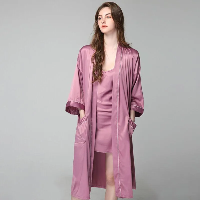 Women Long 100% Silk Nightgown and Robes Set