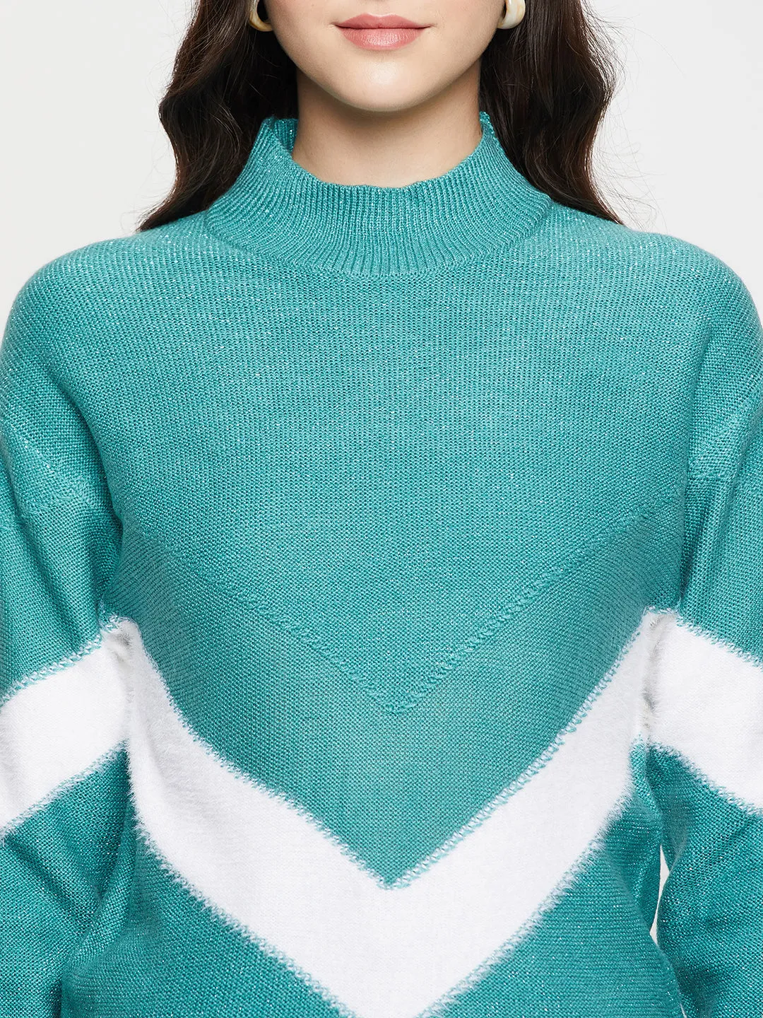 Women's Casual  Aqua High neck Color Block Pullover Sweater