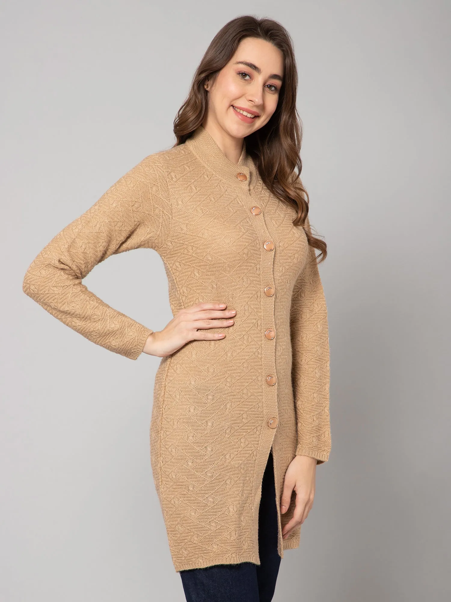 Women's Casual  Beige Round neck Long Cardigan Sweater