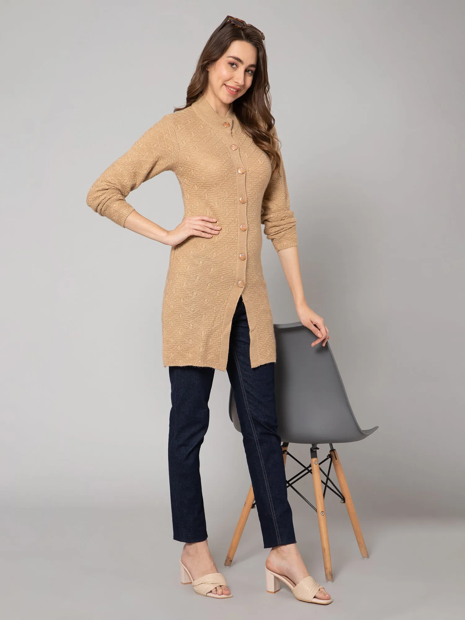 Women's Casual  Beige Round neck Long Cardigan Sweater