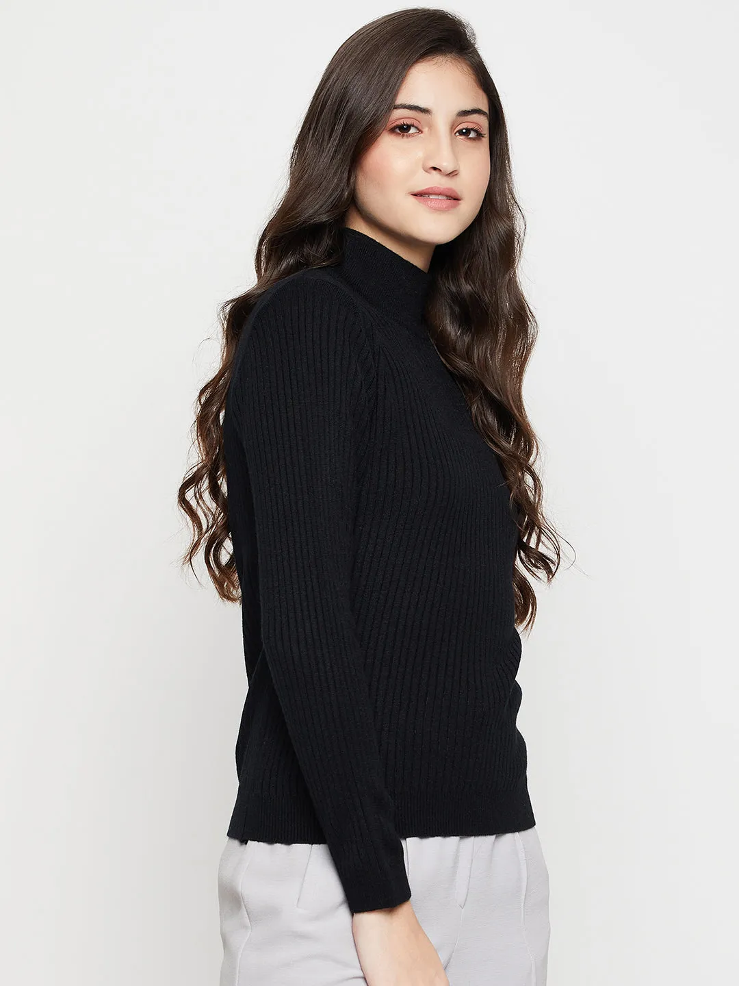 Women's Casual  Black High neck Pullover Sweater