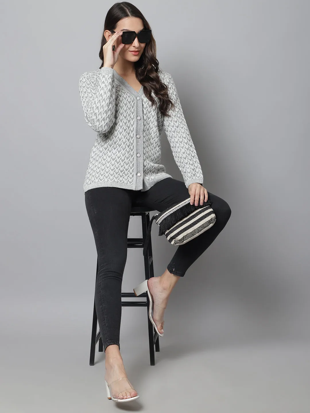 Women's Casual  Grey V neck Cardigan Sweater