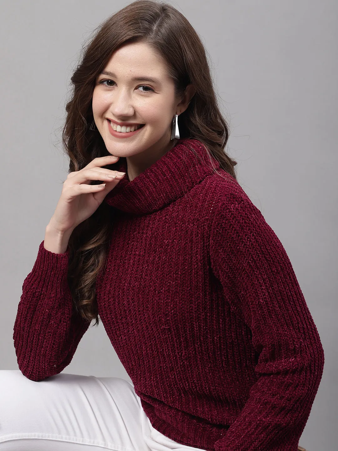 Women's Casual  Maroon Turtle neck Pullover Sweater