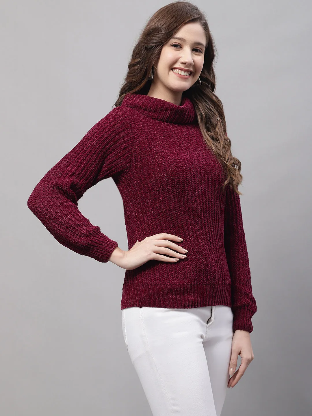 Women's Casual  Maroon Turtle neck Pullover Sweater