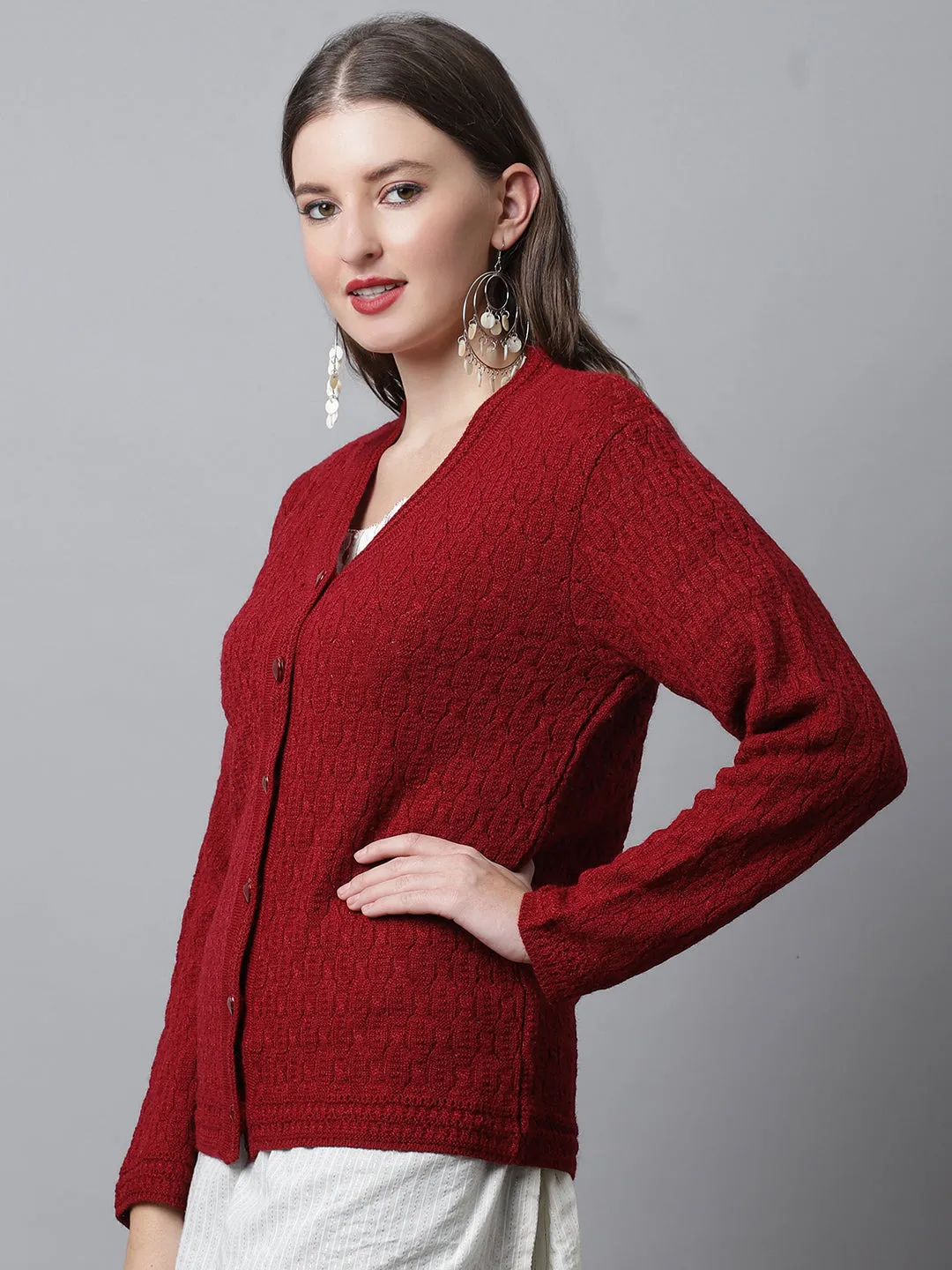 Women's Casual  Maroon V neck Cardigan Sweater